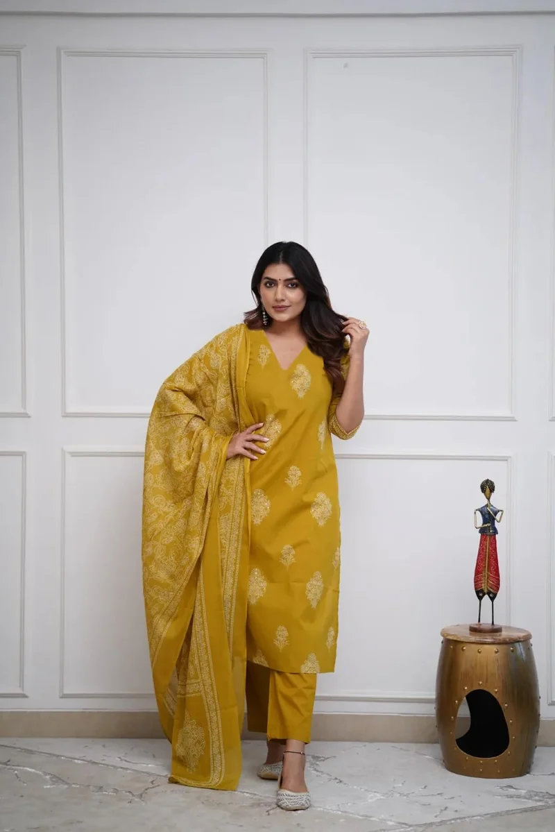 GoSriKi Mustard GoSriKi Women's Rayon Viscose Straight Printed Kurta with Pant & Dupatta (Kanisha Mustard-GS_L_Mustard_Large) for Women | Best Price UAE